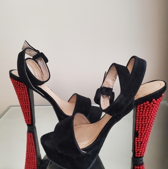 Colin Stewart Black Suede Red Jeweled Gem Studded Strappy Open Toe Heels - Picture 7 of 11